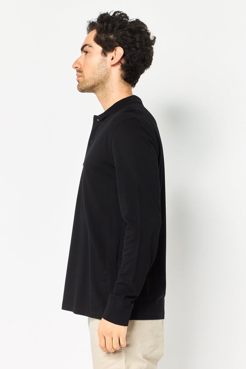 Celio Men Regular Fit Solid Long Sleeves Polo Shirt, Black - Image 3